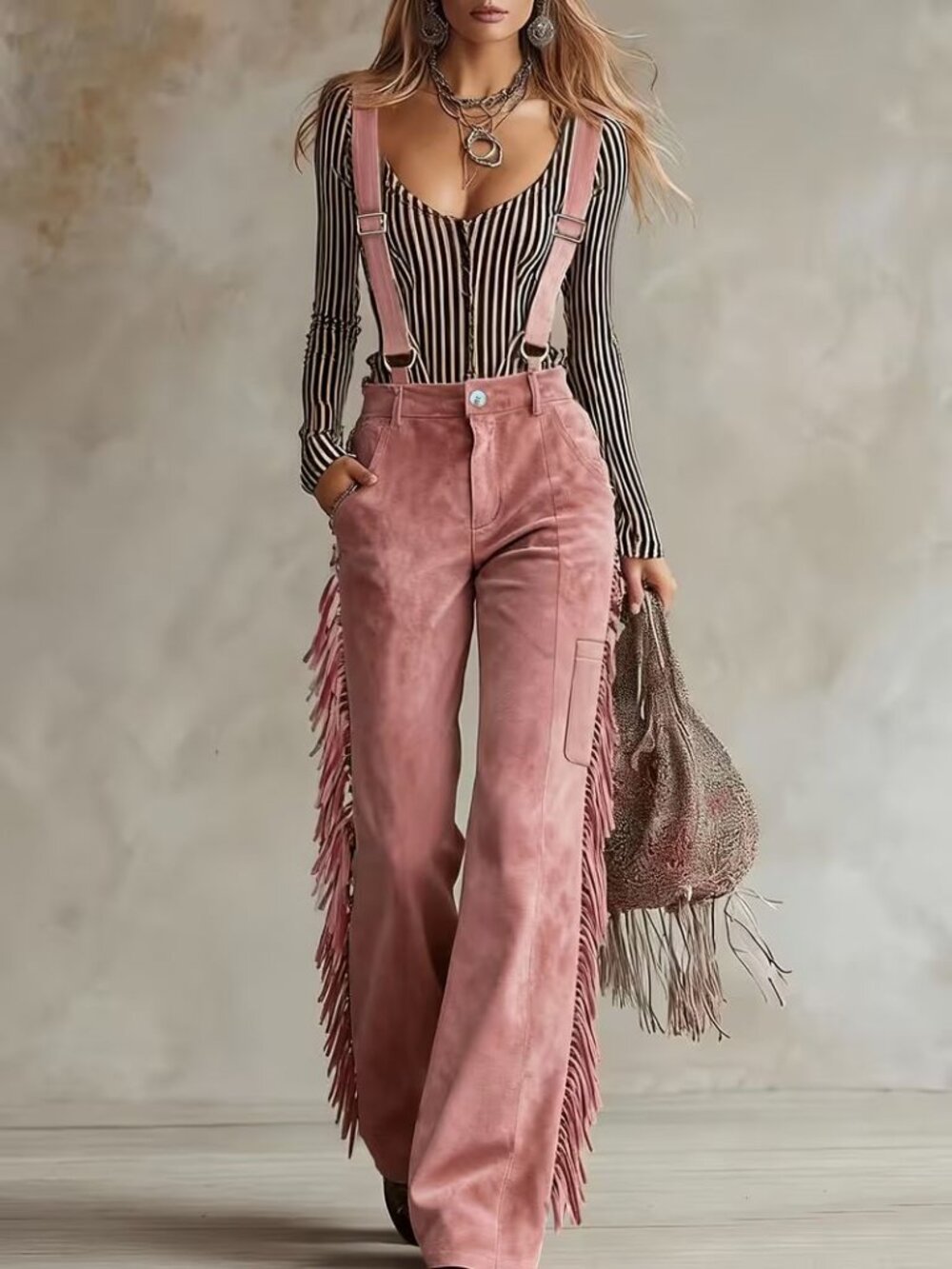 Pink Fringes Pants With Suspender Overall Dungarees Western Cowgirl Stampede